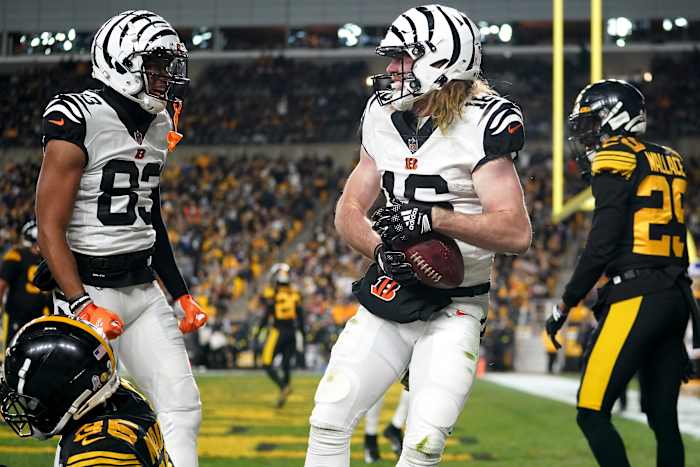 Cincinnati Bengals wide receiver Trenton Irwin (16) celebrates a touchdown catch with Cincinnati Bengals wide receiver Tyler Boyd (83) in the third quarter during a Week 11 NFL game, Sunday, Nov. 20, 2022, at Acrisure Stadium in Pittsburgh, Pa. The Cincinnati Bengals won, 37-30. Nfl Cincinnati Bengals At Pittsburgh Steelers Nov 20 0196